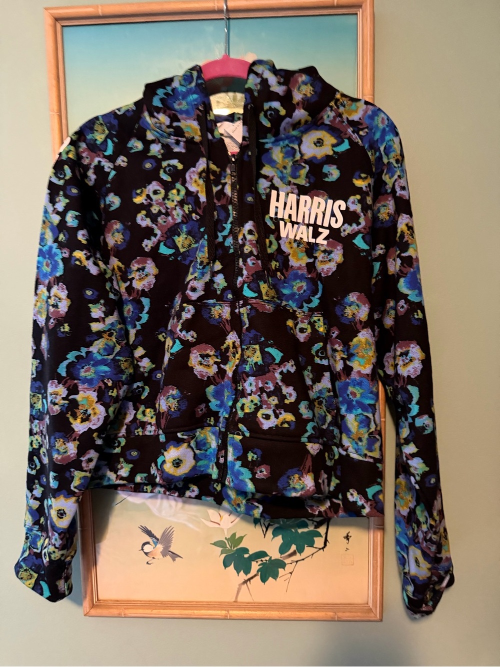 Democracy Black Floral Hoodie with Blue, Teal & Yellow Flowers